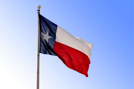 Texas State flag flying in the sky.
